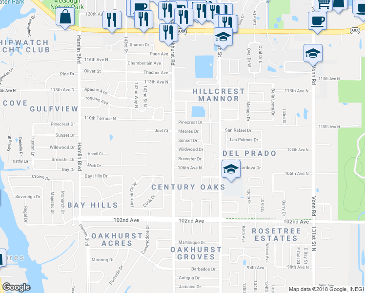 map of restaurants, bars, coffee shops, grocery stores, and more near 13947 Wildwood Drive in Largo