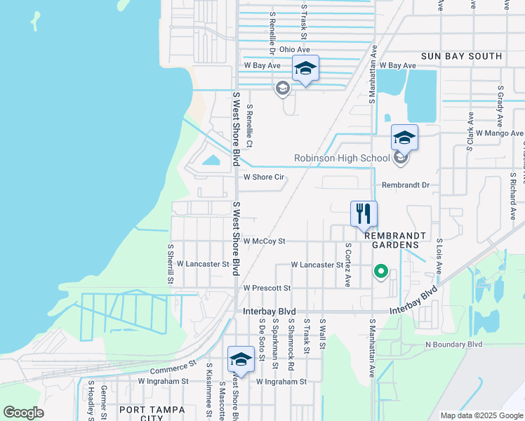 map of restaurants, bars, coffee shops, grocery stores, and more near 6608 South West Shore Boulevard in Tampa