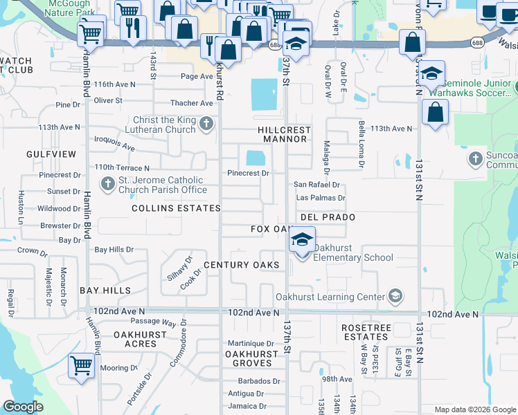 map of restaurants, bars, coffee shops, grocery stores, and more near 13803 Wildwood Drive in Largo
