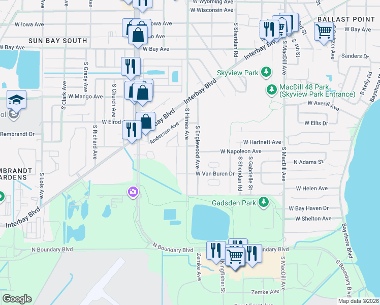 map of restaurants, bars, coffee shops, grocery stores, and more near 6703 South Englewood Avenue in Tampa