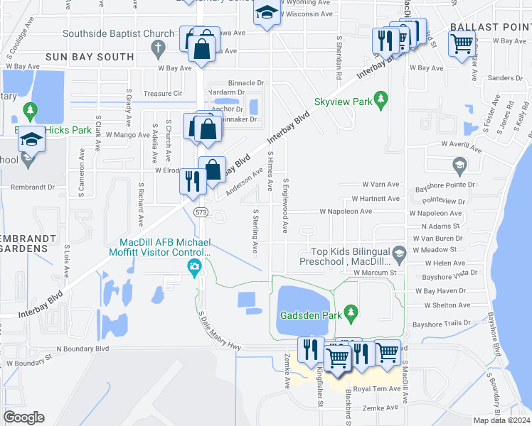 map of restaurants, bars, coffee shops, grocery stores, and more near 6602 South Sterling Avenue in Tampa