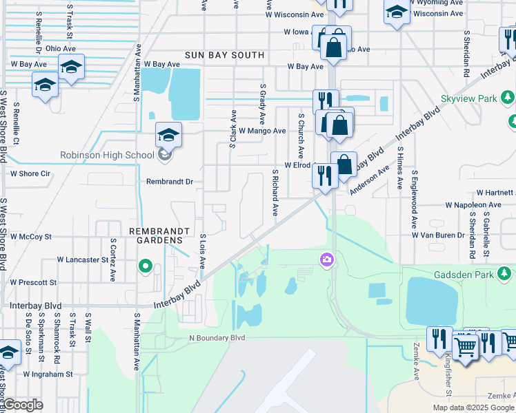 map of restaurants, bars, coffee shops, grocery stores, and more near 7001 Interbay Boulevard in Tampa