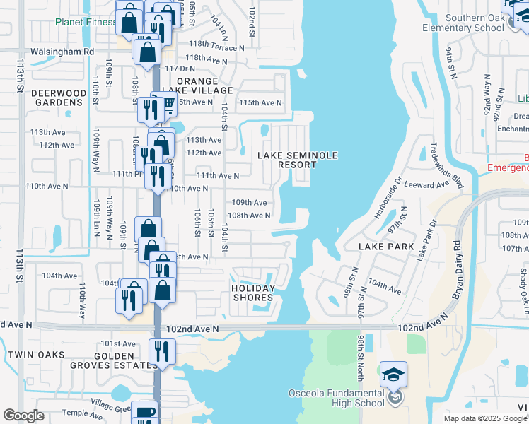 map of restaurants, bars, coffee shops, grocery stores, and more near 10233 108th Avenue North in Largo