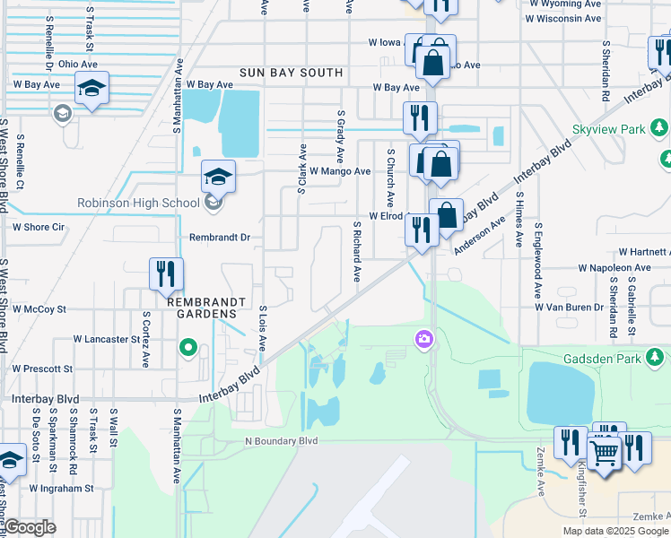 map of restaurants, bars, coffee shops, grocery stores, and more near 7001 Interbay Boulevard in Tampa