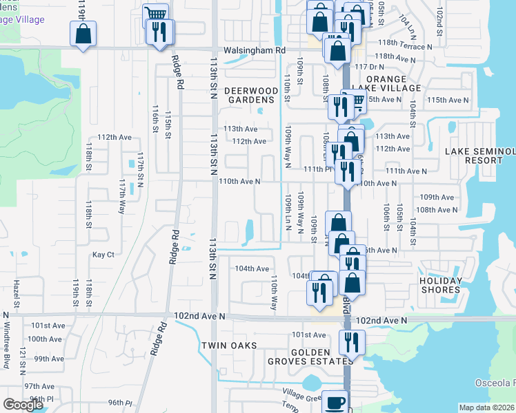 map of restaurants, bars, coffee shops, grocery stores, and more near 10863 111th Street North in Largo