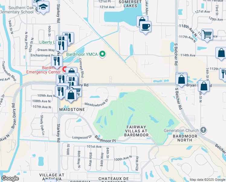 map of restaurants, bars, coffee shops, grocery stores, and more near 10835 Indian Hills Court in Seminole