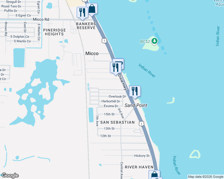 map of restaurants, bars, coffee shops, grocery stores, and more near 8580 U.S. 1 in Sebastian