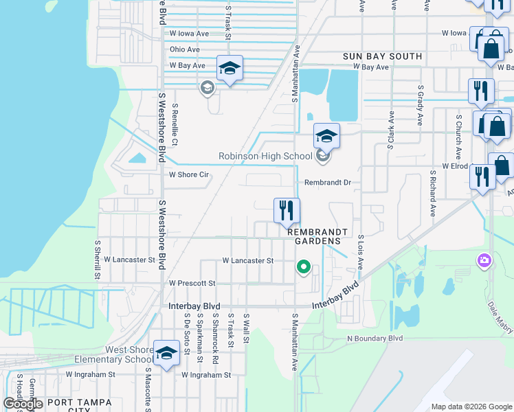 map of restaurants, bars, coffee shops, grocery stores, and more near 4431 West Pintor Place in Tampa