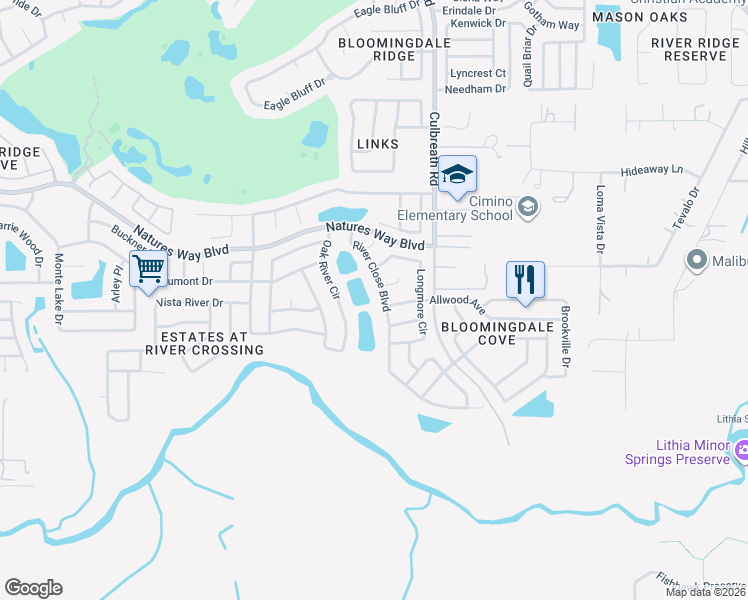map of restaurants, bars, coffee shops, grocery stores, and more near 4419 River Close Boulevard in Valrico
