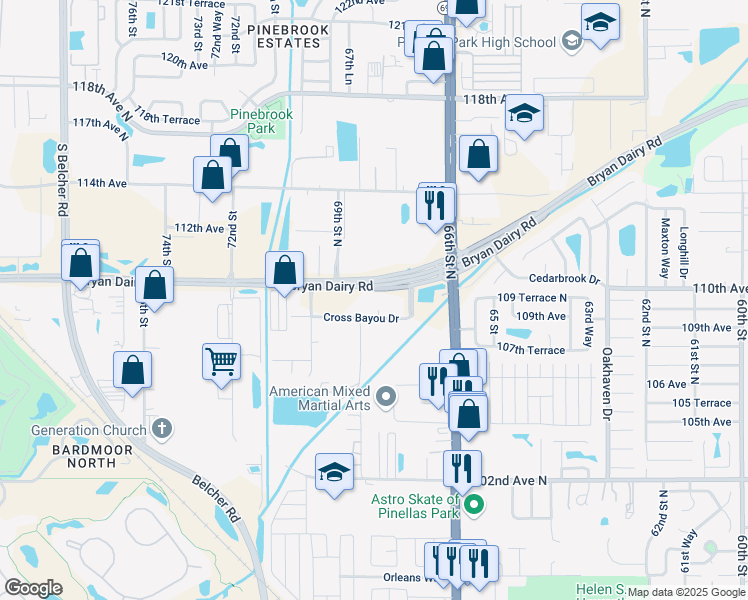 map of restaurants, bars, coffee shops, grocery stores, and more near 6750 Bryan Dairy Road in Seminole