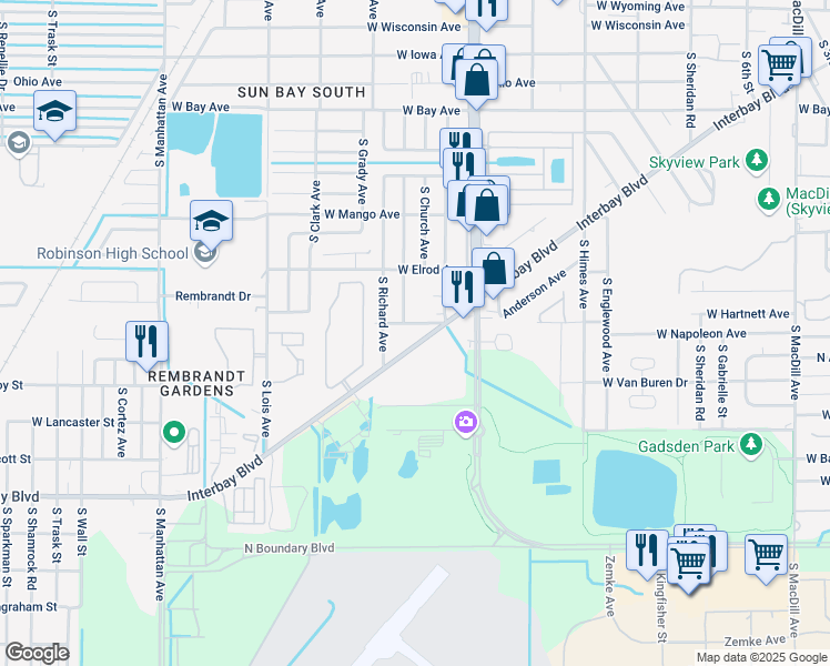map of restaurants, bars, coffee shops, grocery stores, and more near 6911 Interbay Boulevard in Tampa