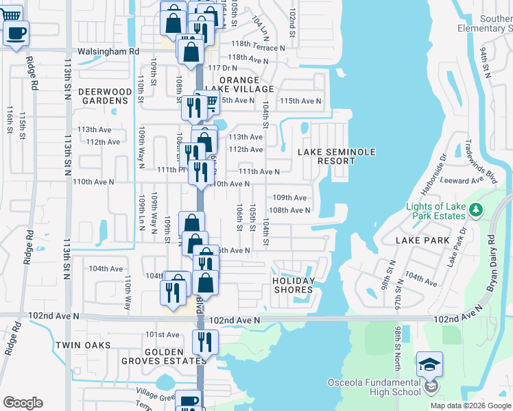 map of restaurants, bars, coffee shops, grocery stores, and more near 10847 105th Street in Largo