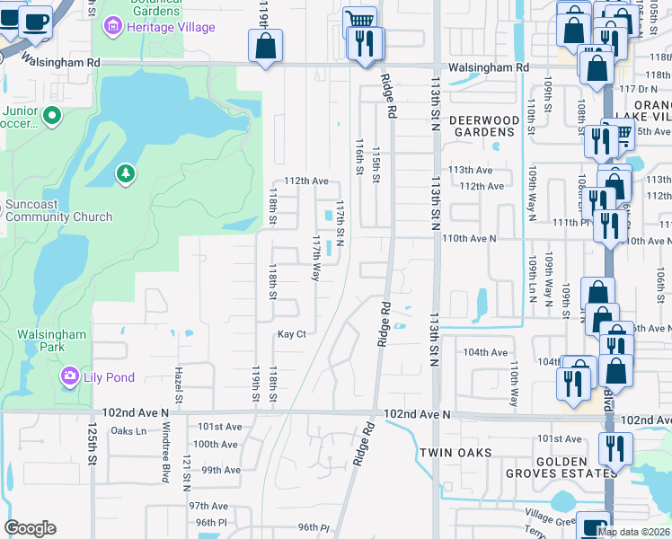 map of restaurants, bars, coffee shops, grocery stores, and more near 11700 108th Court in Largo