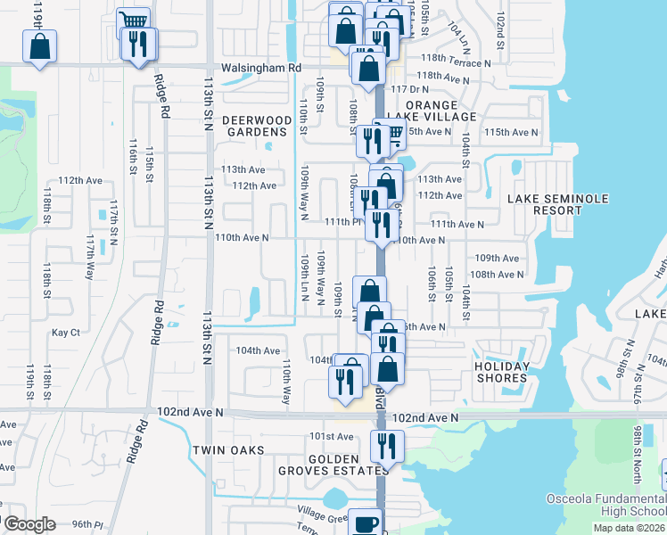 map of restaurants, bars, coffee shops, grocery stores, and more near 10862 109th Street in Largo