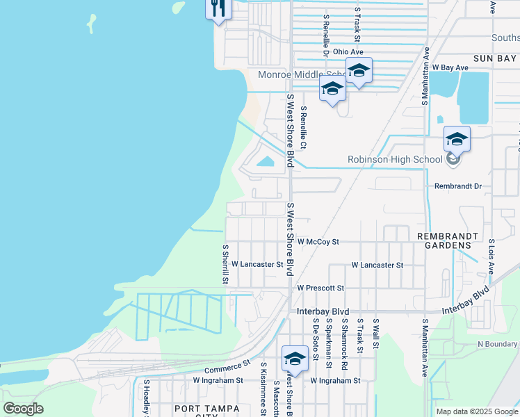 map of restaurants, bars, coffee shops, grocery stores, and more near 6601 South Westshore Boulevard in Tampa