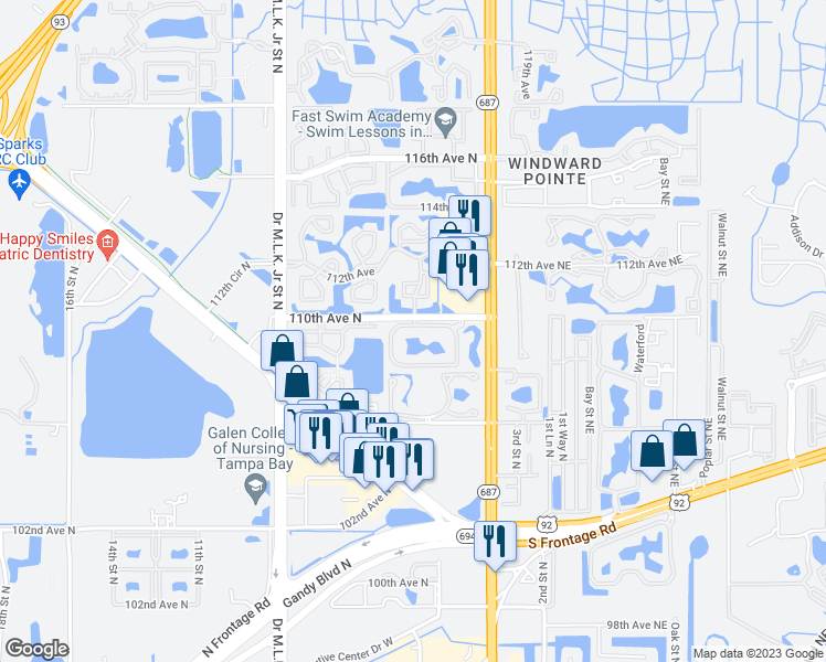 map of restaurants, bars, coffee shops, grocery stores, and more near 12 110th Avenue North in St. Petersburg