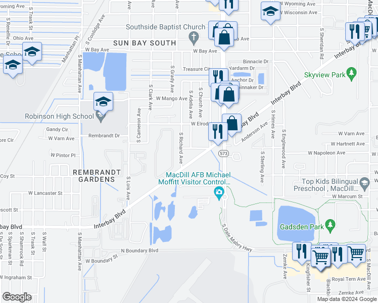 map of restaurants, bars, coffee shops, grocery stores, and more near 6911 Interbay Boulevard in Tampa