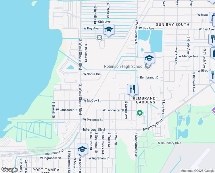 map of restaurants, bars, coffee shops, grocery stores, and more near 6603 South Trask Street in Tampa