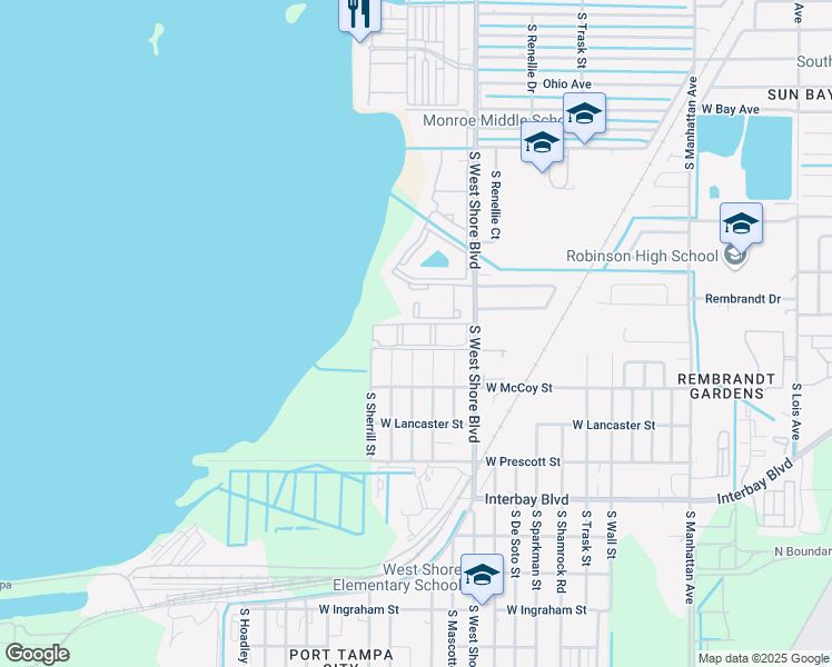 map of restaurants, bars, coffee shops, grocery stores, and more near 6601 South West Shore Boulevard in Tampa