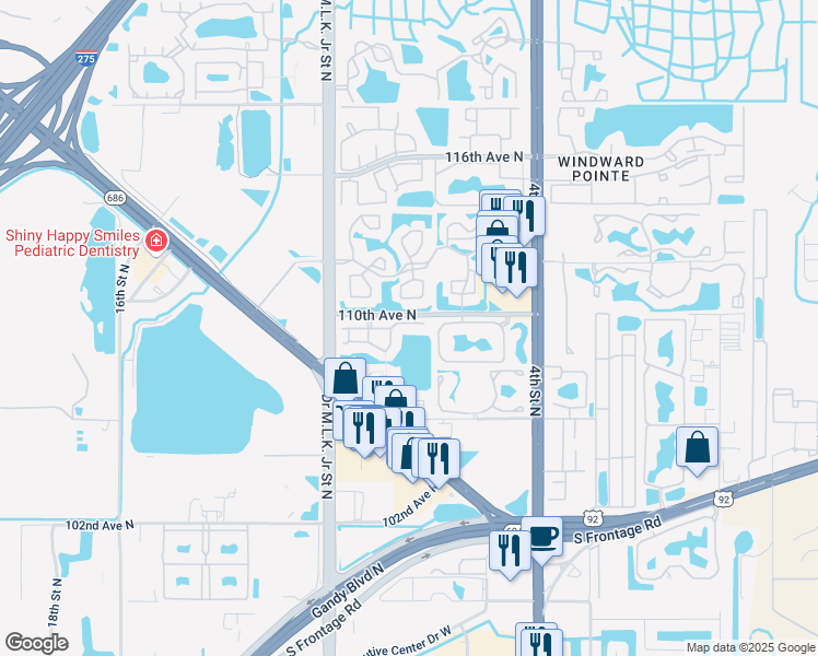 map of restaurants, bars, coffee shops, grocery stores, and more near 750 North Village Drive North in St. Petersburg