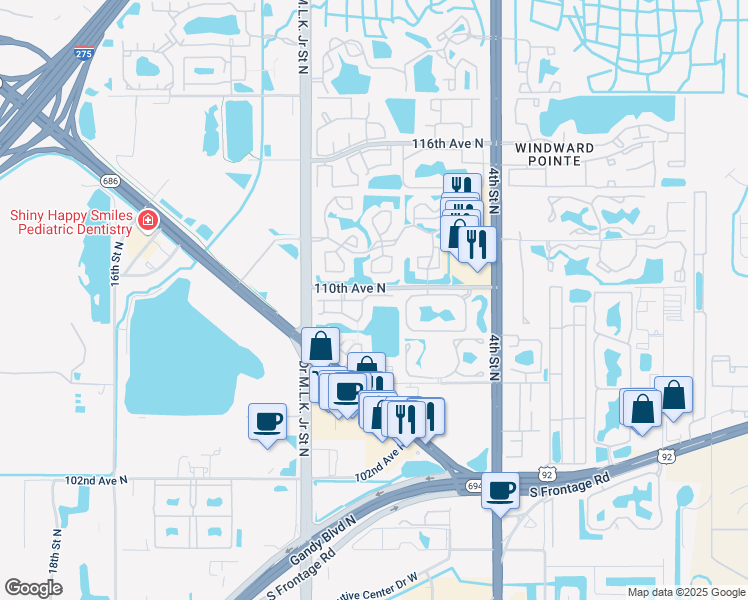 map of restaurants, bars, coffee shops, grocery stores, and more near 750 North Village Drive North in St. Petersburg