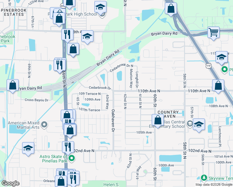 map of restaurants, bars, coffee shops, grocery stores, and more near 6283 109 Terrace North in Pinellas Park