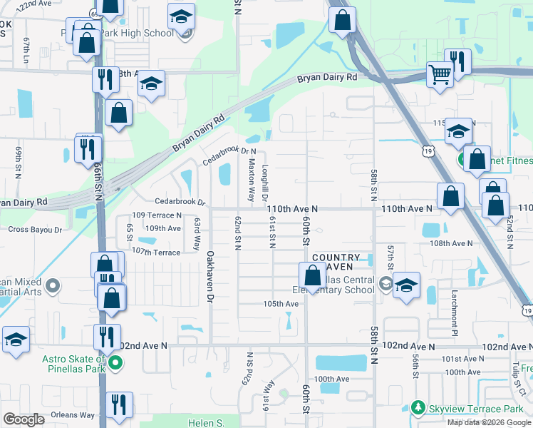 map of restaurants, bars, coffee shops, grocery stores, and more near 6116 110th Avenue in Pinellas Park