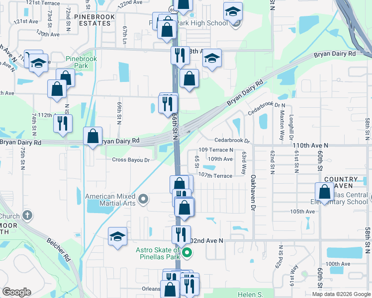 map of restaurants, bars, coffee shops, grocery stores, and more near 6531 109 Terrace North in Pinellas Park