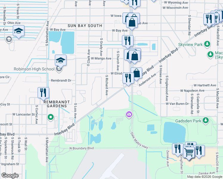 map of restaurants, bars, coffee shops, grocery stores, and more near 6911 Interbay Boulevard in Tampa