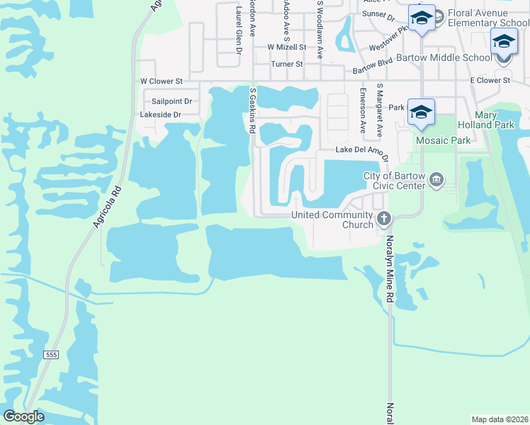 map of restaurants, bars, coffee shops, grocery stores, and more near 101 Lake Del Amo Drive South in Bartow