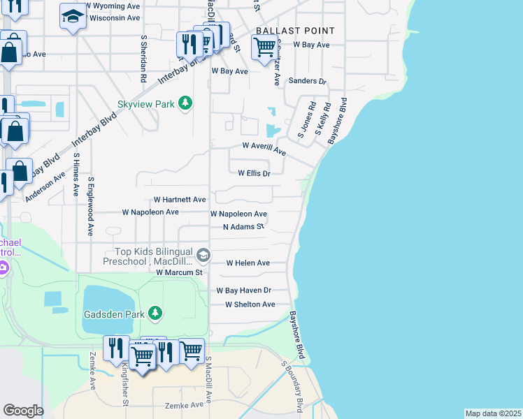 map of restaurants, bars, coffee shops, grocery stores, and more near 3005 West Napoleon Avenue in Tampa