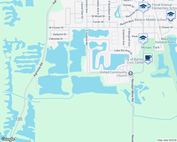 map of restaurants, bars, coffee shops, grocery stores, and more near 101 Lake Del Amo Drive South in Bartow
