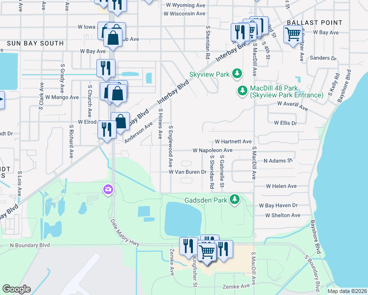 map of restaurants, bars, coffee shops, grocery stores, and more near 3315 West Napoleon Avenue in Tampa