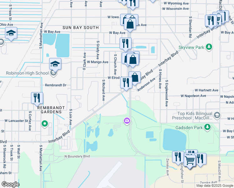 map of restaurants, bars, coffee shops, grocery stores, and more near 6901 Interbay Boulevard in Tampa