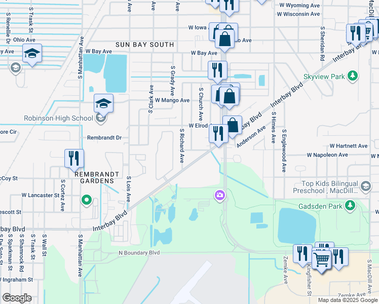 map of restaurants, bars, coffee shops, grocery stores, and more near 6911 Interbay Boulevard in Tampa