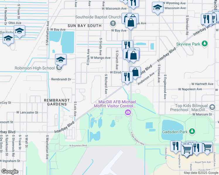 map of restaurants, bars, coffee shops, grocery stores, and more near 6911 Interbay Boulevard in Tampa