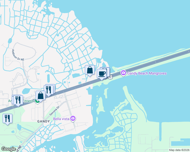 map of restaurants, bars, coffee shops, grocery stores, and more near 12077 Gandy Boulevard North in St. Petersburg