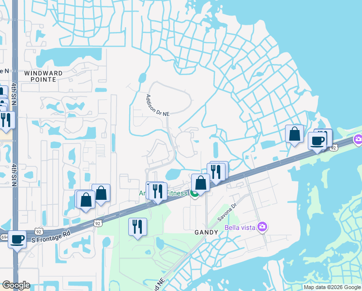 map of restaurants, bars, coffee shops, grocery stores, and more near 10901 Brighton Bay Boulevard Northeast in St. Petersburg