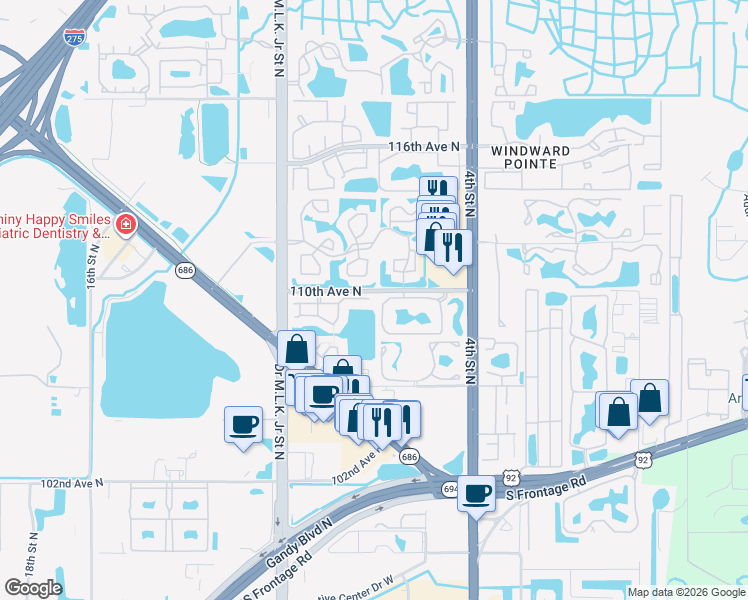 map of restaurants, bars, coffee shops, grocery stores, and more near 12 110th Avenue North in St. Petersburg