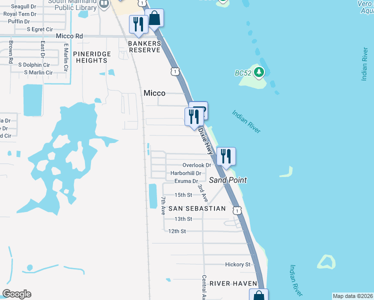 map of restaurants, bars, coffee shops, grocery stores, and more near 8580 U.S. 1 in Sebastian