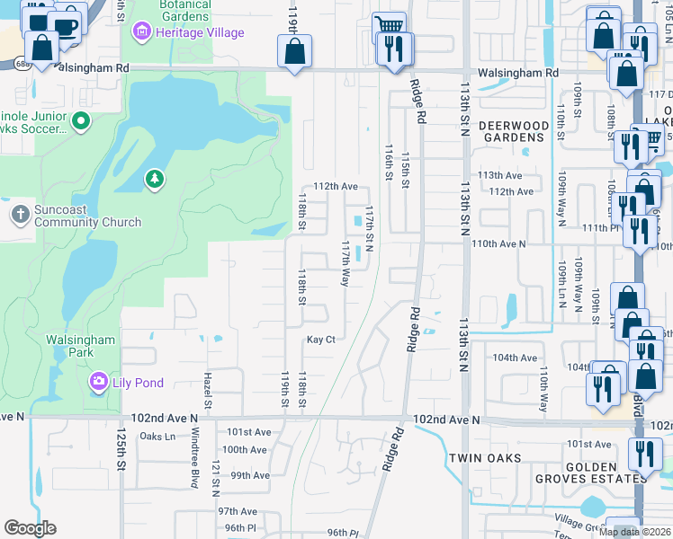 map of restaurants, bars, coffee shops, grocery stores, and more near 108th Court in Seminole