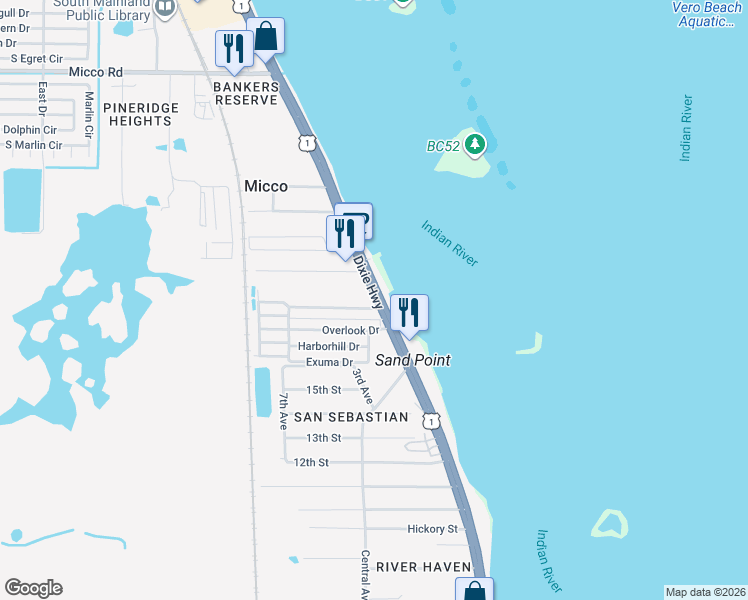 map of restaurants, bars, coffee shops, grocery stores, and more near 8580 Dixie Highway in Micco