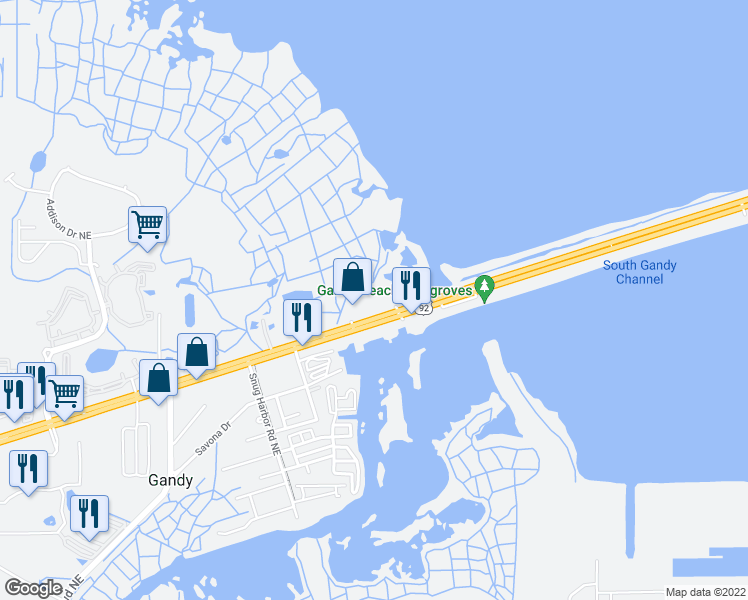 map of restaurants, bars, coffee shops, grocery stores, and more near 12077 Gandy Boulevard North in St. Petersburg