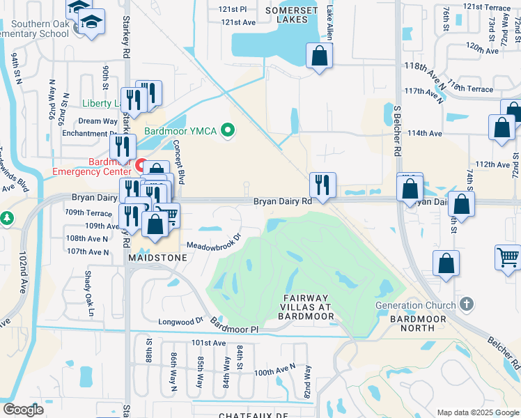map of restaurants, bars, coffee shops, grocery stores, and more near 8250 Bryan Dairy Road in Largo