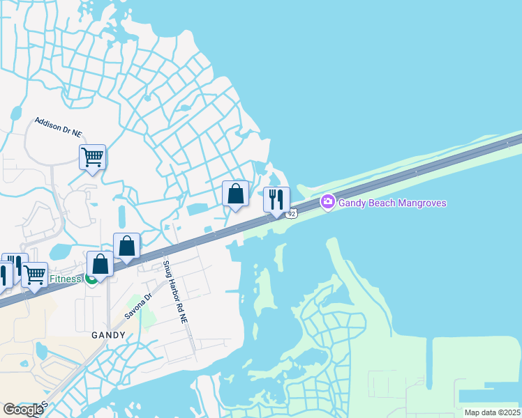 map of restaurants, bars, coffee shops, grocery stores, and more near 12077 Gandy Boulevard North in St. Petersburg