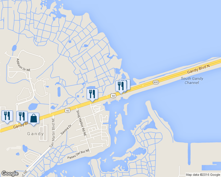 map of restaurants, bars, coffee shops, grocery stores, and more near 12025 Gandy Boulevard North in St. Petersburg