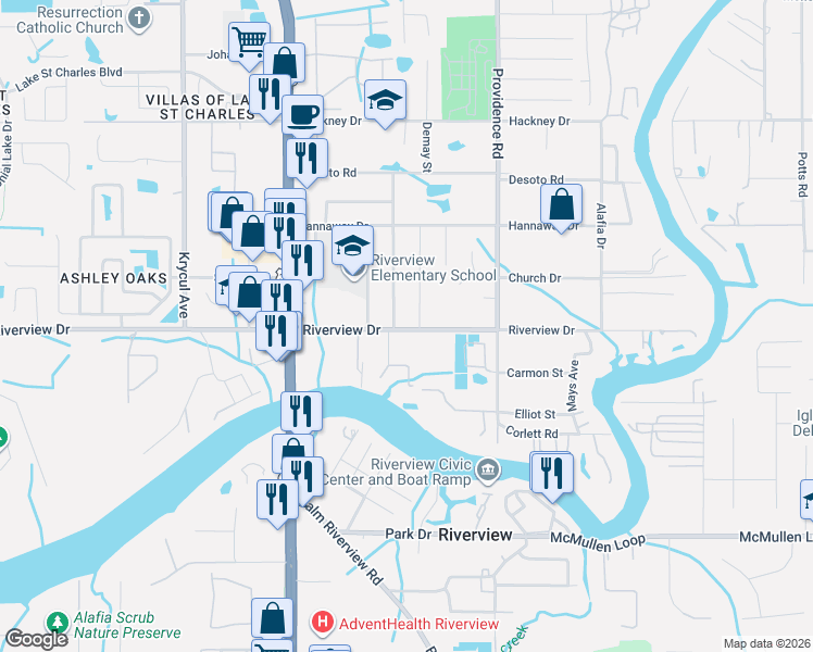 map of restaurants, bars, coffee shops, grocery stores, and more near 11001 Riverview Drive in Riverview