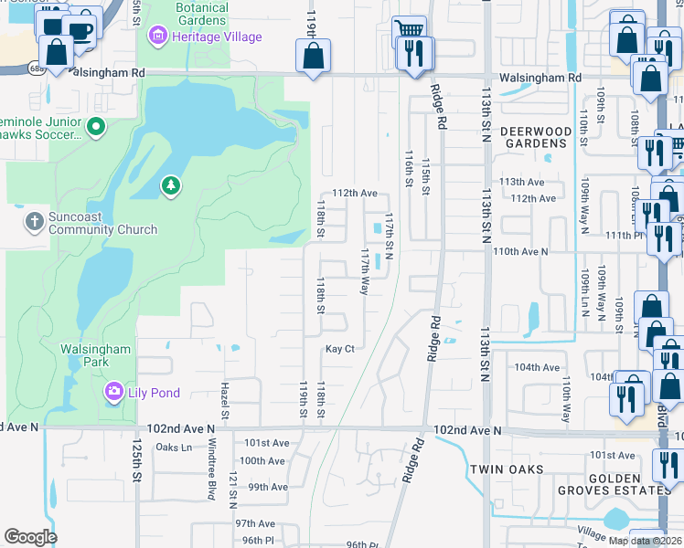 map of restaurants, bars, coffee shops, grocery stores, and more near 108TH Court Street in Seminole