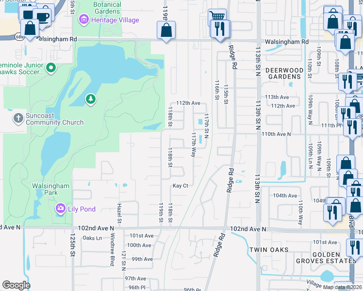 map of restaurants, bars, coffee shops, grocery stores, and more near 108TH Court Street in Seminole