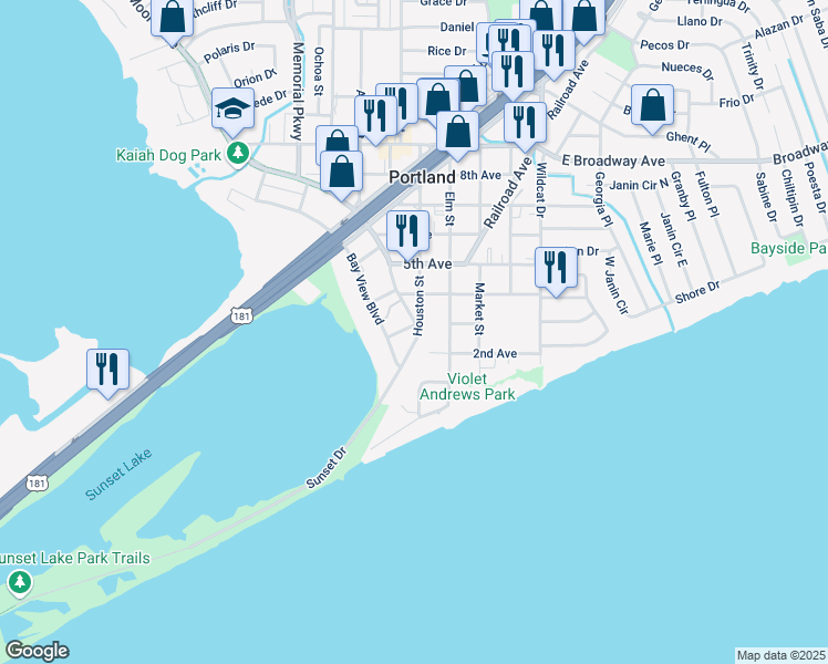 map of restaurants, bars, coffee shops, grocery stores, and more near 357 Houston Street in Portland